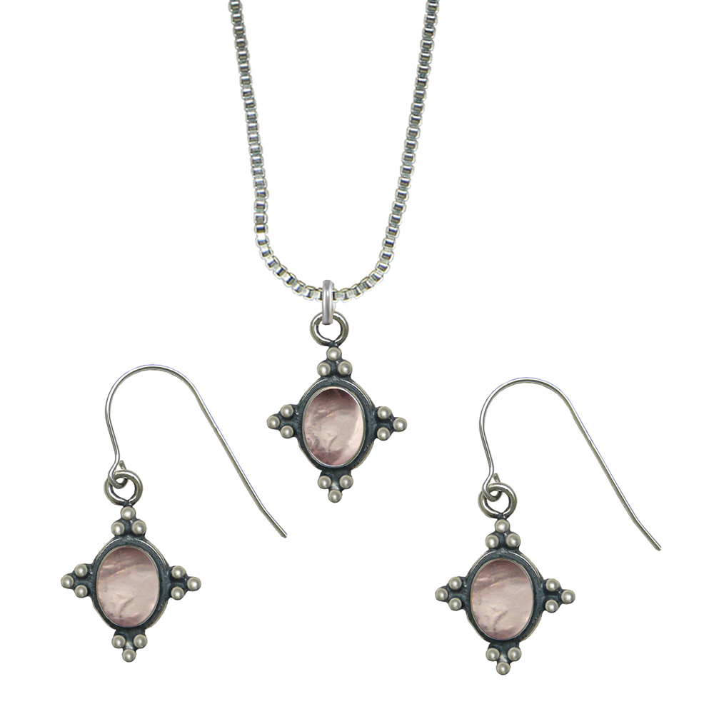 Sterling Silver Petite Necklace Earrings Set Rose Quartz